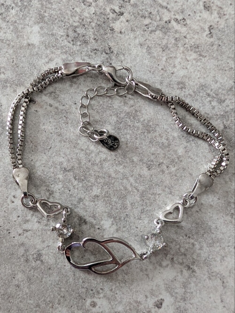 Sterling Silver Heart & Cubic Zirconia Bracelet With Double Box Chain